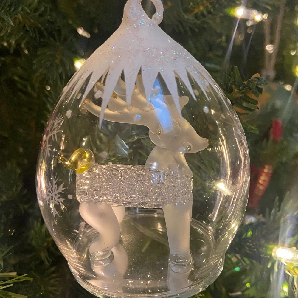 Glass Teardrop Angel & Reindeer Christmas Ornaments Pair‎ Hand Painted